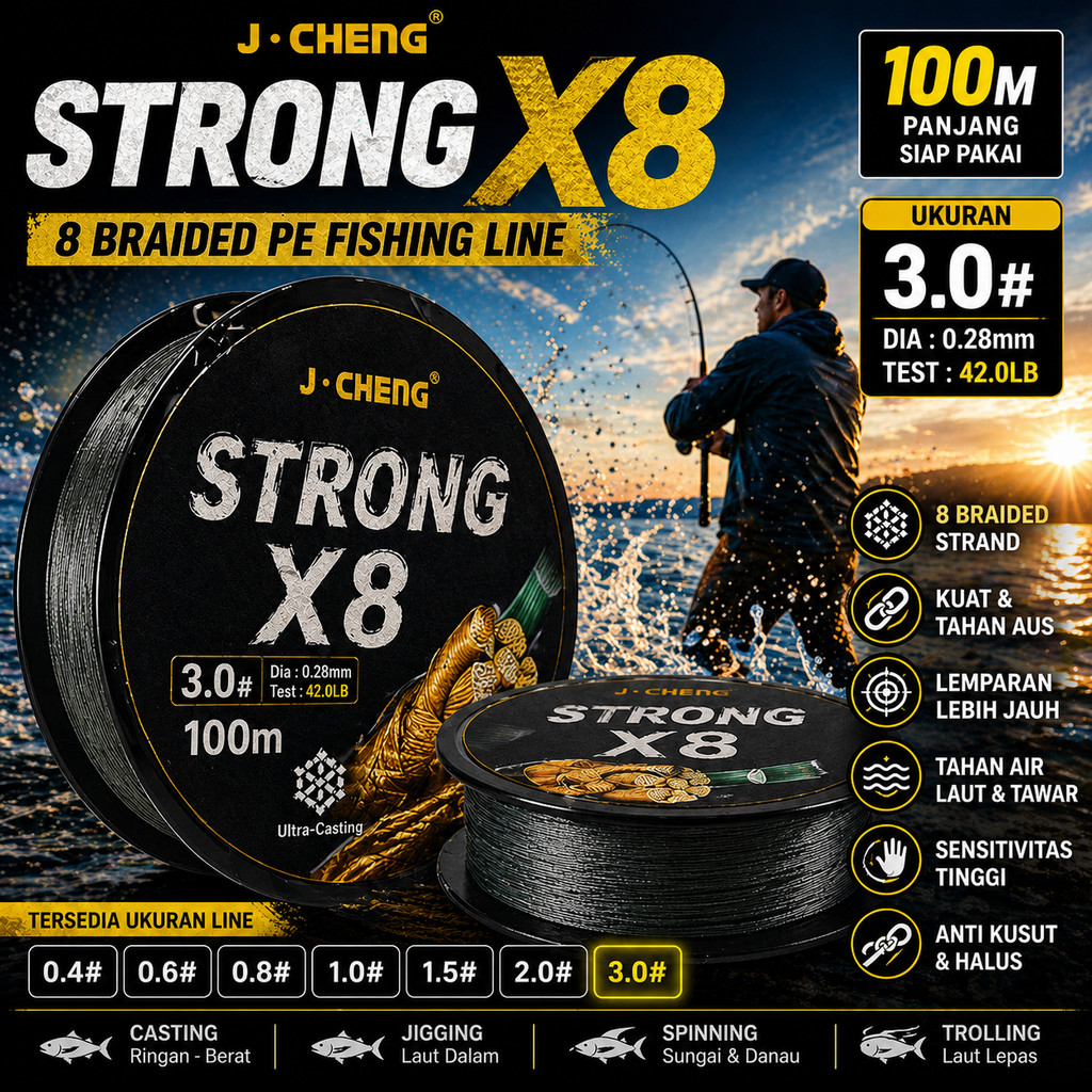 J-Cheng Senar Pancing PE 8 Braided Strand Fishing Line 100M - JC4188 SHANY_STORE