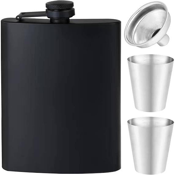 Hip Flask for Liquor for Men Women Matte Black Stainless Steel Leakproof with Funnel and Mini Wine G
