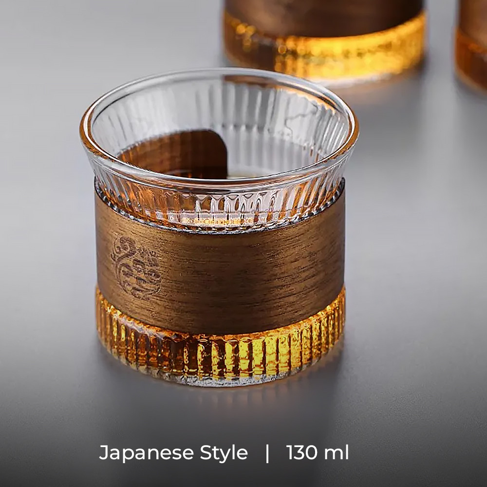One Two Cups Gelas Kaca Aesthetic Kopi Teh Wood Sleeve Glass 130ml - GN13