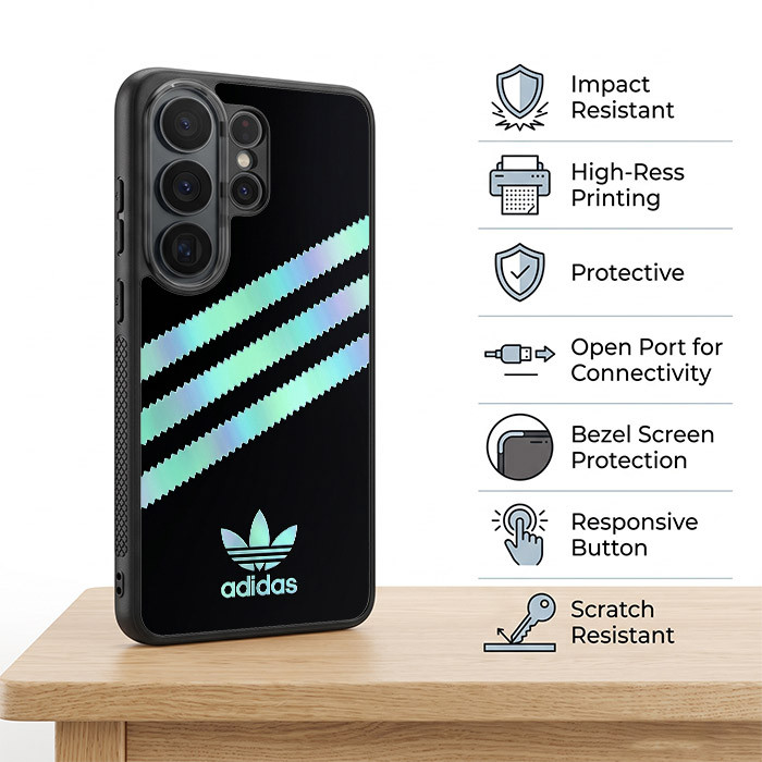 Case Casing Samsung S26 S25 S24 S23 S22 S21 S20 FE Ultra Plus Edge Adidas Holographic Cyan Stripes A