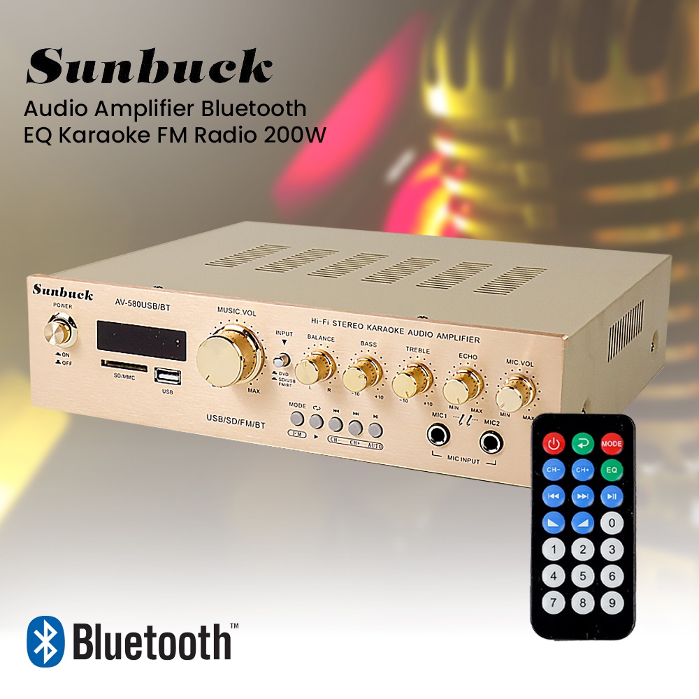 Sunbuck Bluetooth EQ Audio Amplifier Karaoke Home Theater FM Radio 920 W - AV-580USB/BT - Golden