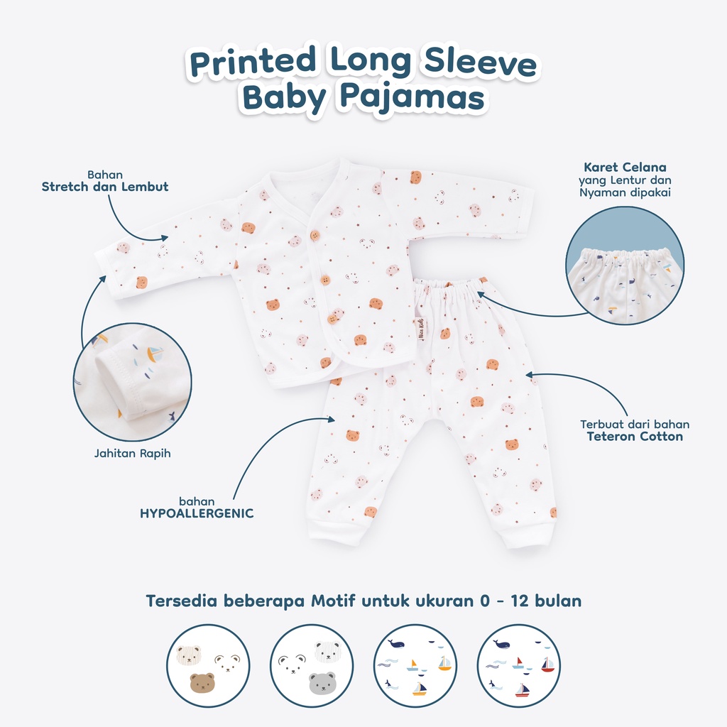 Nice Kids - Bear Printed Long Sleeve Baby Pajamas Set Setelan Piyama Baju Tidur Beruang Lengan Panjang Anak Bayi