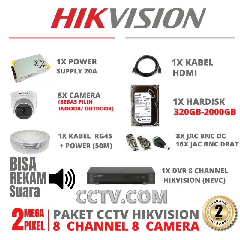 PAKET CCTV HIKVISION 2MP 8 CHANNEL 8 KAMERA 1080P TURBO HD/AUDIO KAMERA CCTV KOMPLIT TINGGAL PASANG