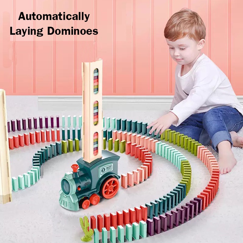 Kids Automatic Laying Domino Train Electric Car Dominoes Set Brick Blocks Kits Games Educational Toys Children DIY Toy Boys Gift