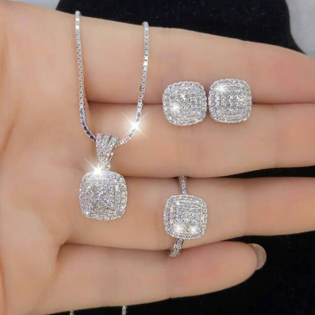 SET PERHIASAN KALUNG ANTING CINCIN LAPIS EMAS TABUR PERMATA ZIRKON PERSIS ASLI