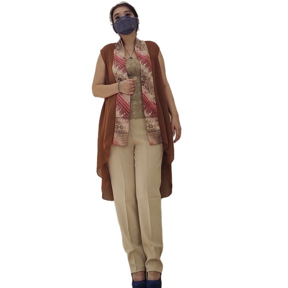 Kardigan Panjang Outer Sifon Motif  Batik Kutung Tanpa Lengan Wanita Gesyal Coklat