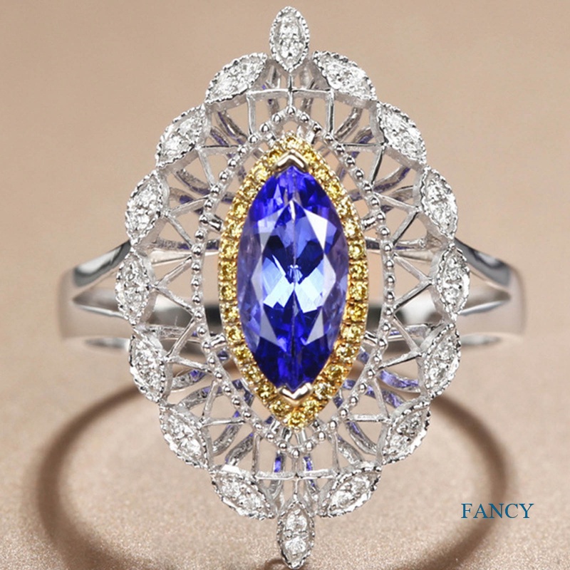 Cincin Jari Cubic Zirconia Warna Biru Marquise Gaya Retro Vintage Untuk Wanita