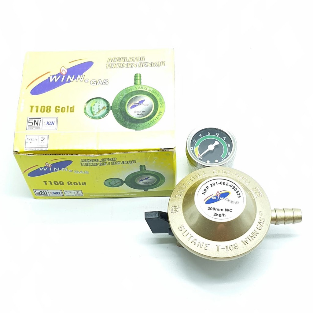 SET Winn Gas T-108M Gold Meter + Selang HIJAU 5 Lapis 2 Mtr + 2 Klem Kuping / Regulator Gas + Selang