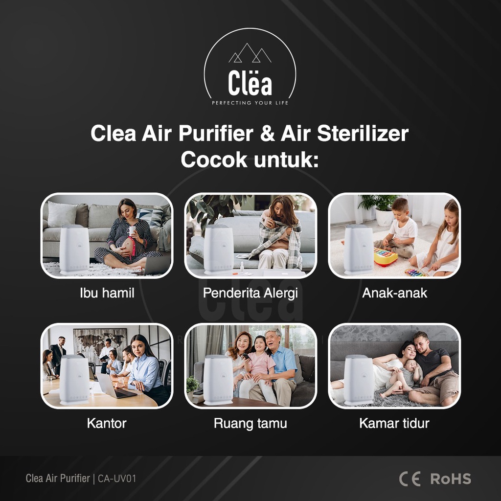 CLEA Air Purifier Air Sterilizer 3 in 1 HEPA Filter + UV Sterilizer + Ion negatif (UVC HEPA 13) Pembersih Penjernih Penyegar Penyaring Filter Udara Ruangan Kamar Purifer Furifier Debu Kasur Bulu Anti Virus Otomatis