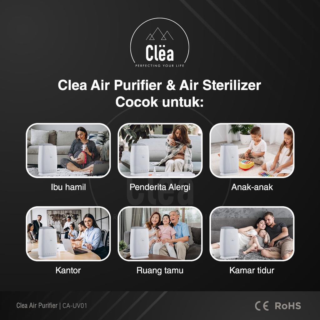 CLEA Air Purifier / Pembersih udara (obat asma, obat alergi) HEPA Filter 3 in 1 UVC Hepa13 + UV Sterilizer + Ion Negatif Penjernih Udara Ruangan Kamar Penyegar Penyaring Purifer Furifier Debu Kasur Bulu Anti Virus Otomatis