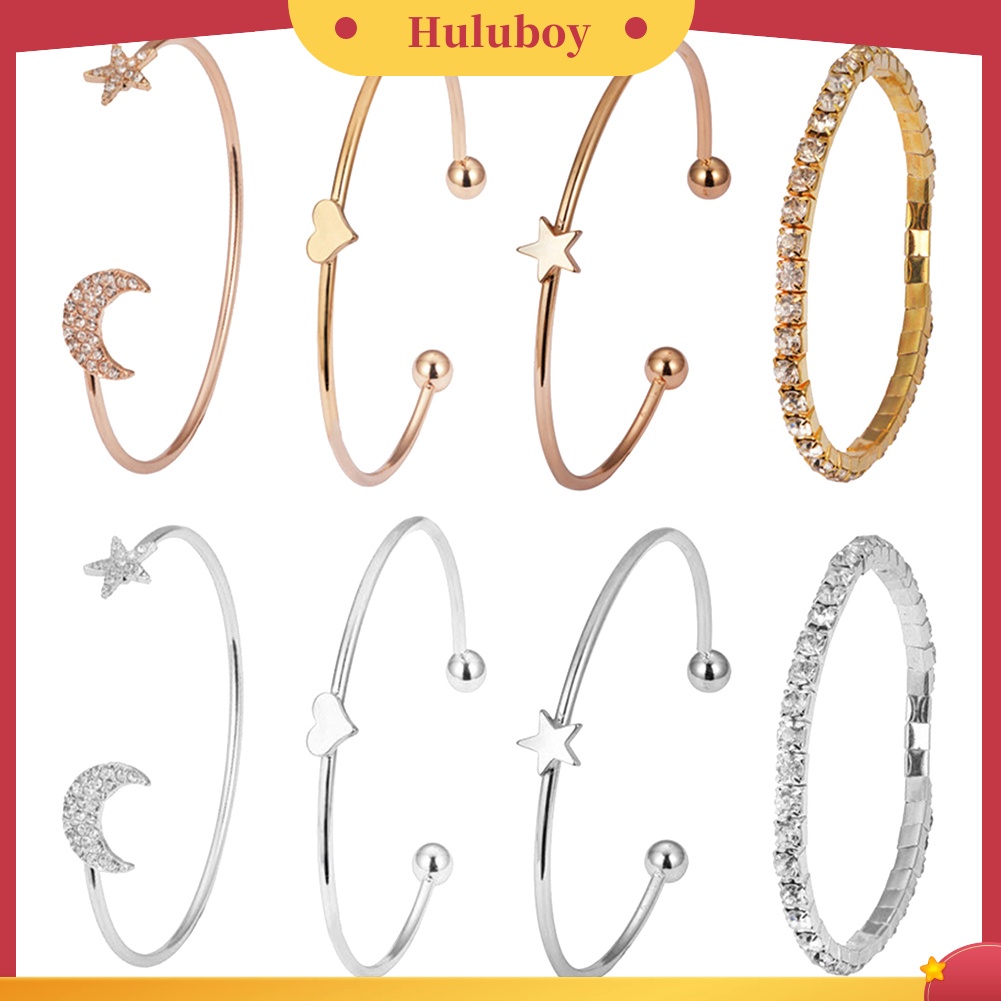 Hu Hu Hu Hu Hu Alat Bantu Pasang Kacamata♡ 4pcs / Set Gelang Bangle Desain Bulan Bintang Hati Aksen Berlian Imitasi Untuk Wanita