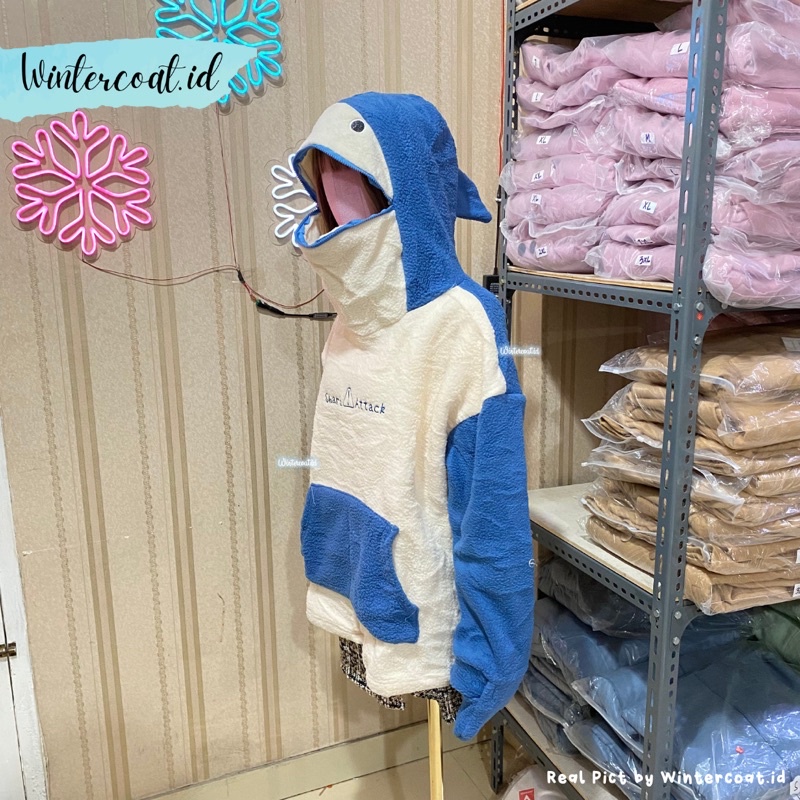 Sweater shark attack import hangat oversized jumbo big size cosplay kawaii lucu baju wanita cewek atasan ikan hiu