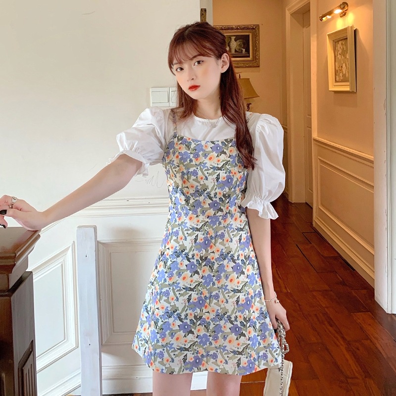 [littlecrab] Dress Bunga Set Inner Putih Model Kaos Outer Bunga Biru Dress Mini Lembut Berkualitas Korean Style