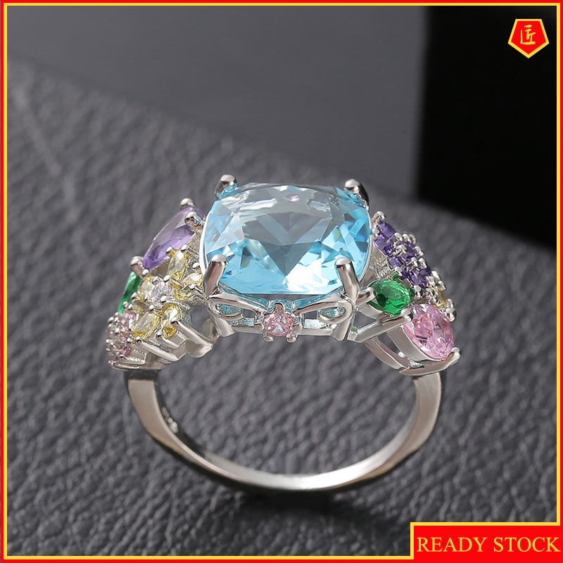 [Ready Stock]Colorful Gemstone Square Ring Sweet and Elegant