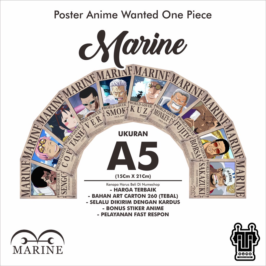 Poster Bounty Poster Wanted Anime One Piece Marine 1 Set - Ukuran A5 - Type A