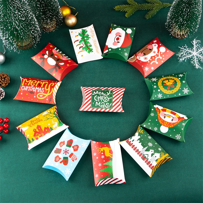 10pcs Kotak Penyimpanan Permen Motif Kartun Santa Snowman Bahan Kertas Kraft Untuk Dekorasi Natal