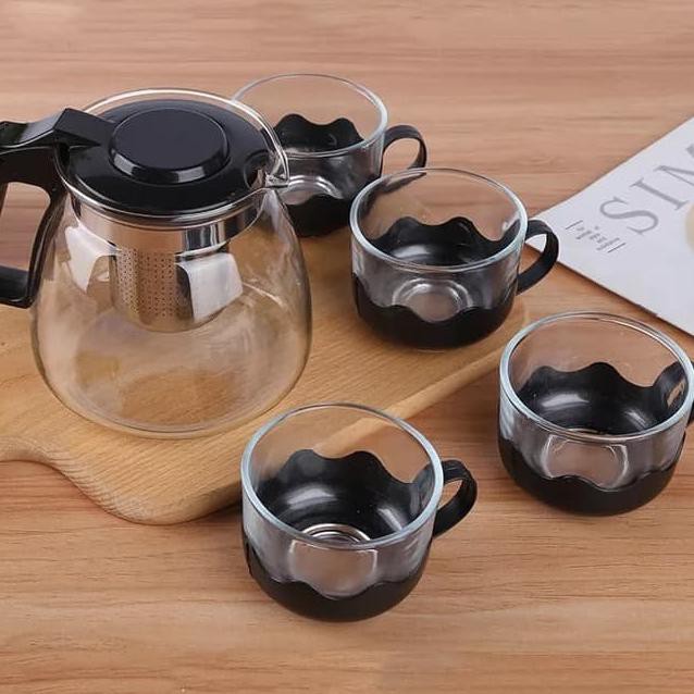 Tea Pot Set Kaca 5 in 1 + Saringan / Tea Pot Kaca Saringan 5 in 1