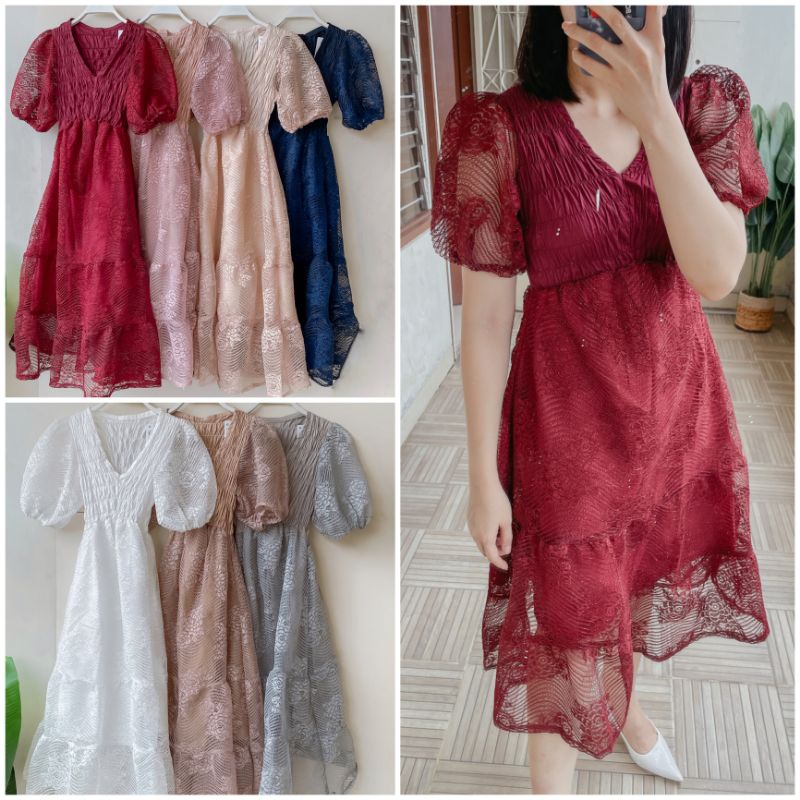 ⚡️ CLEARANCE SALE ♡ PREMIUM ♡ REAL PIC ! CLARETTE VINTAGE BROCADE LUXURY LACE PARTY MIDI DRESS /  GAUN PESTA MEWAH