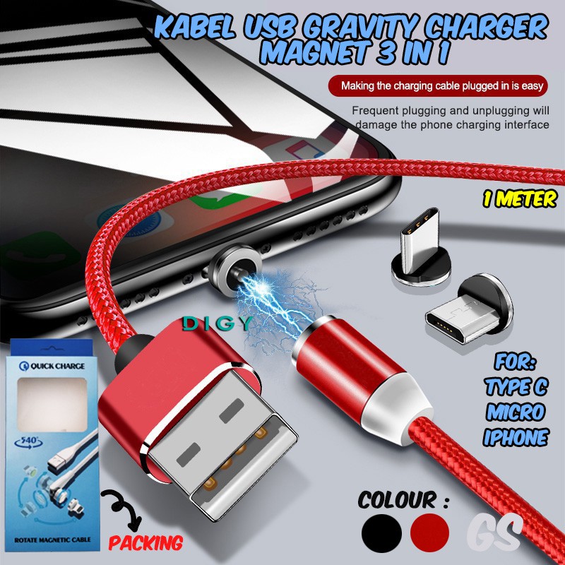 Kabel Data USB Gravity Charger, magnet 3 in 1, panjang 1 m Micro USB Type C Lighning Fast Charging