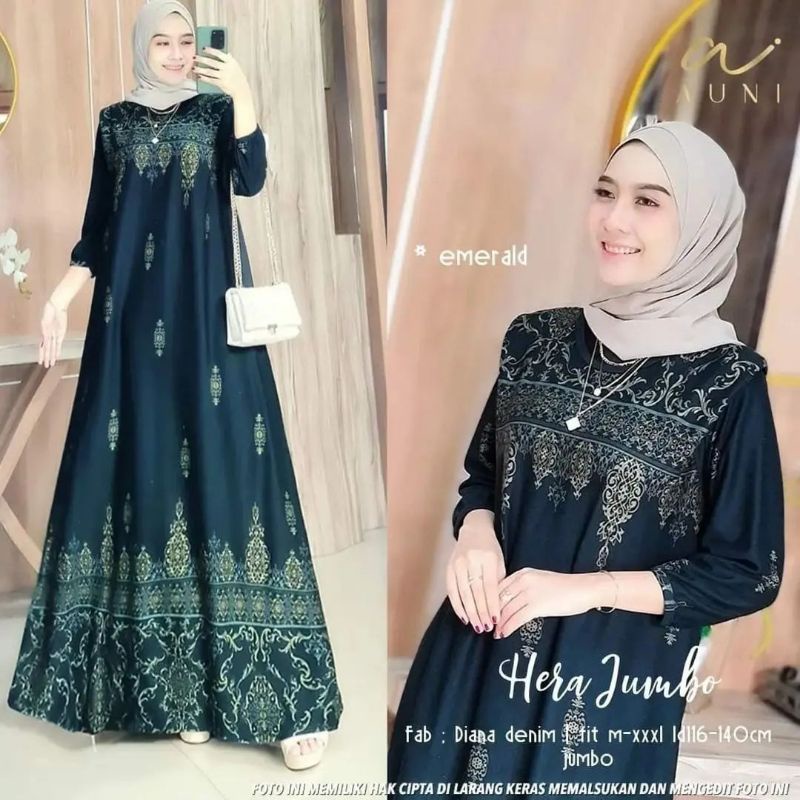 Gamis batik wanita diana denim hera jumbo dress LD 120 Bahan diana denim tebal super melar