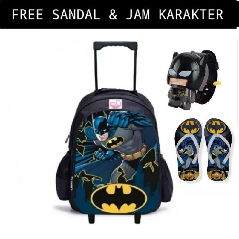 COD/ Paket Hemat 3in1 Tas Ransel Troli Anak Laki-laki/Ransel Troly Superhero Free Jam Tangan Dan Sandal spon