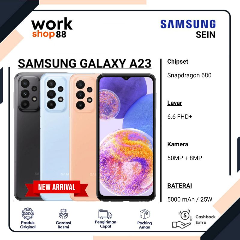 HP Terbaru Samsung Galaxy A23 [ Ram 12GB 6GB+6GB ] Extendable Rom 128GB - New SEIN Original Garansi Resmi - Handphone Snapdragon 680 Kamera OIS NFC - Warna Baru Black Peach White Blue Hitam Biru Putih Emas Oren - 6/128 12/128 12 6 128 GB A22 - Promo Murah