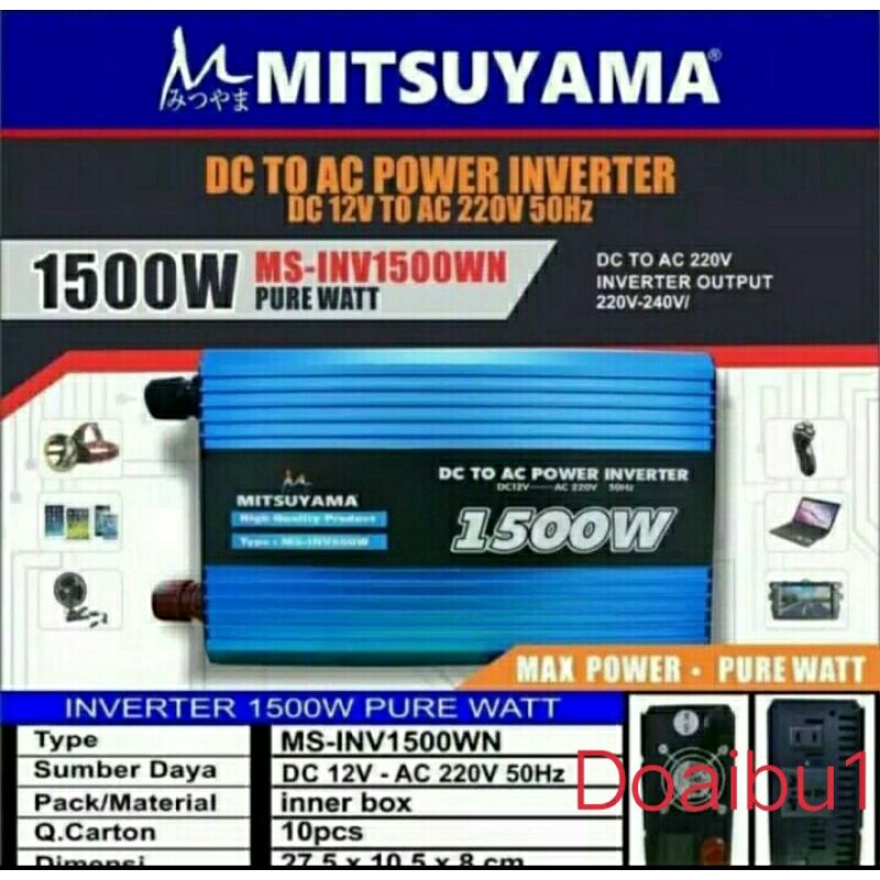 Cod Power Inverter Pure Sin Wave (PSV) 12volt Mitsuyama 1500watt DC to AC original