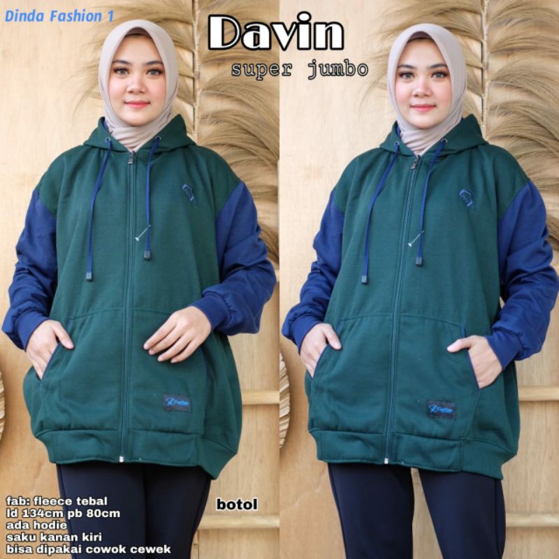 JAKET HOODIE WANITA DAVIN SUPER JUMBO FLEECE TEBAL ORI BY DINDA FASHION LD 134 PB 80 UNISEX LD 134-4