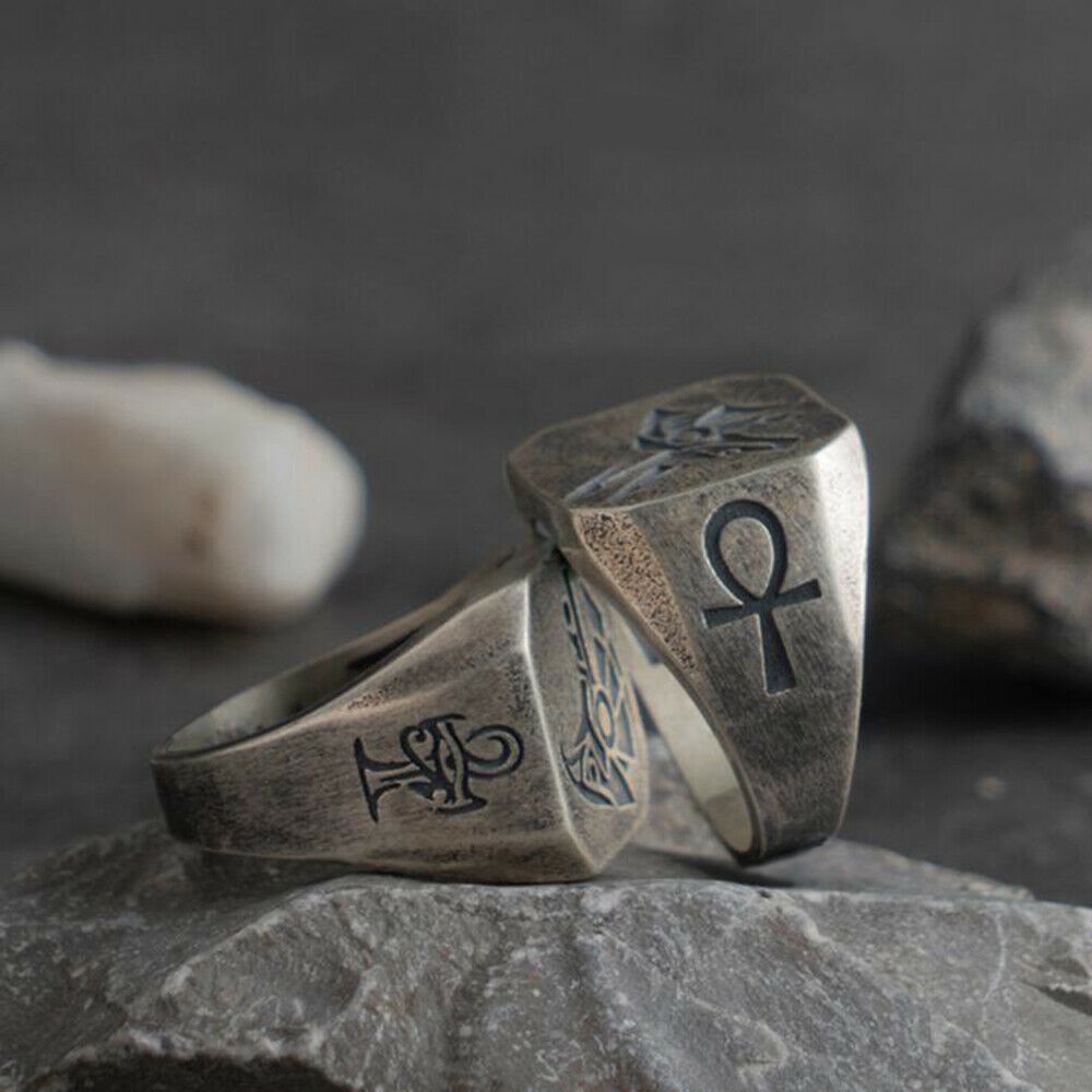 Cincin Baja Titanium Retro Perak Satwa Serigala Burung Rajawali Pria Mitologi Mesir Fashion Punk Horus Anubis Silver Rings