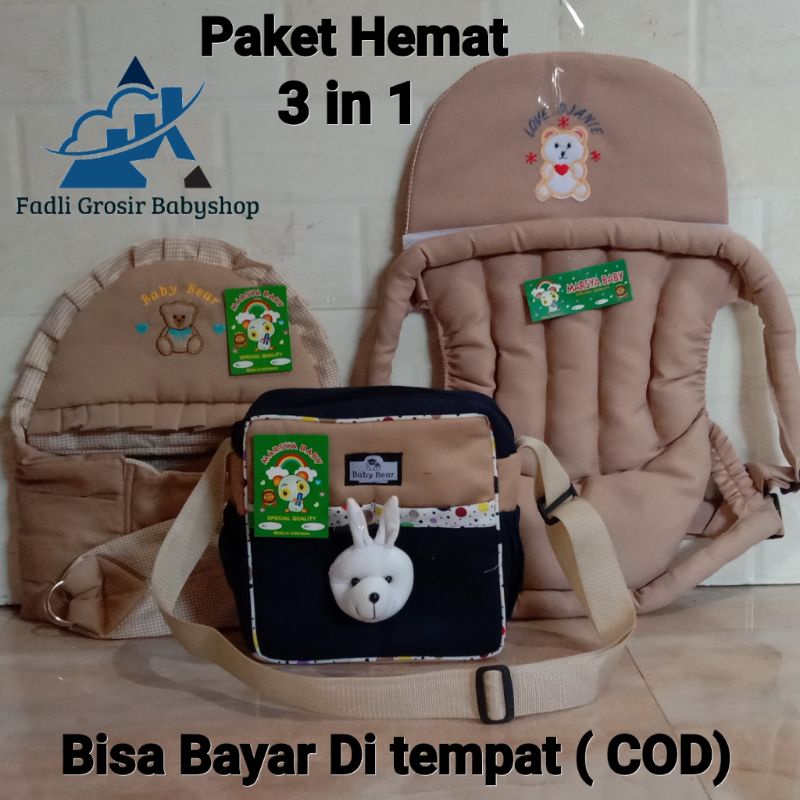 Paket Hemat (3 in 1) Tas Bayi Strip Boneka Gendongan Bayi Samping Bordir Gendongan Bayi Depan Bordir