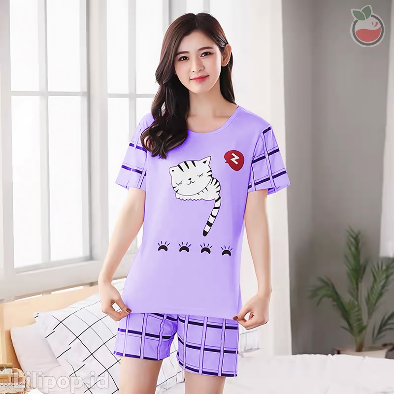 Lilipop.id  Baju Tidur Wanita Sleep Cat HP Hot pants Celana Pendek Allsize Baby Doll Bahan Kaos Dewasa