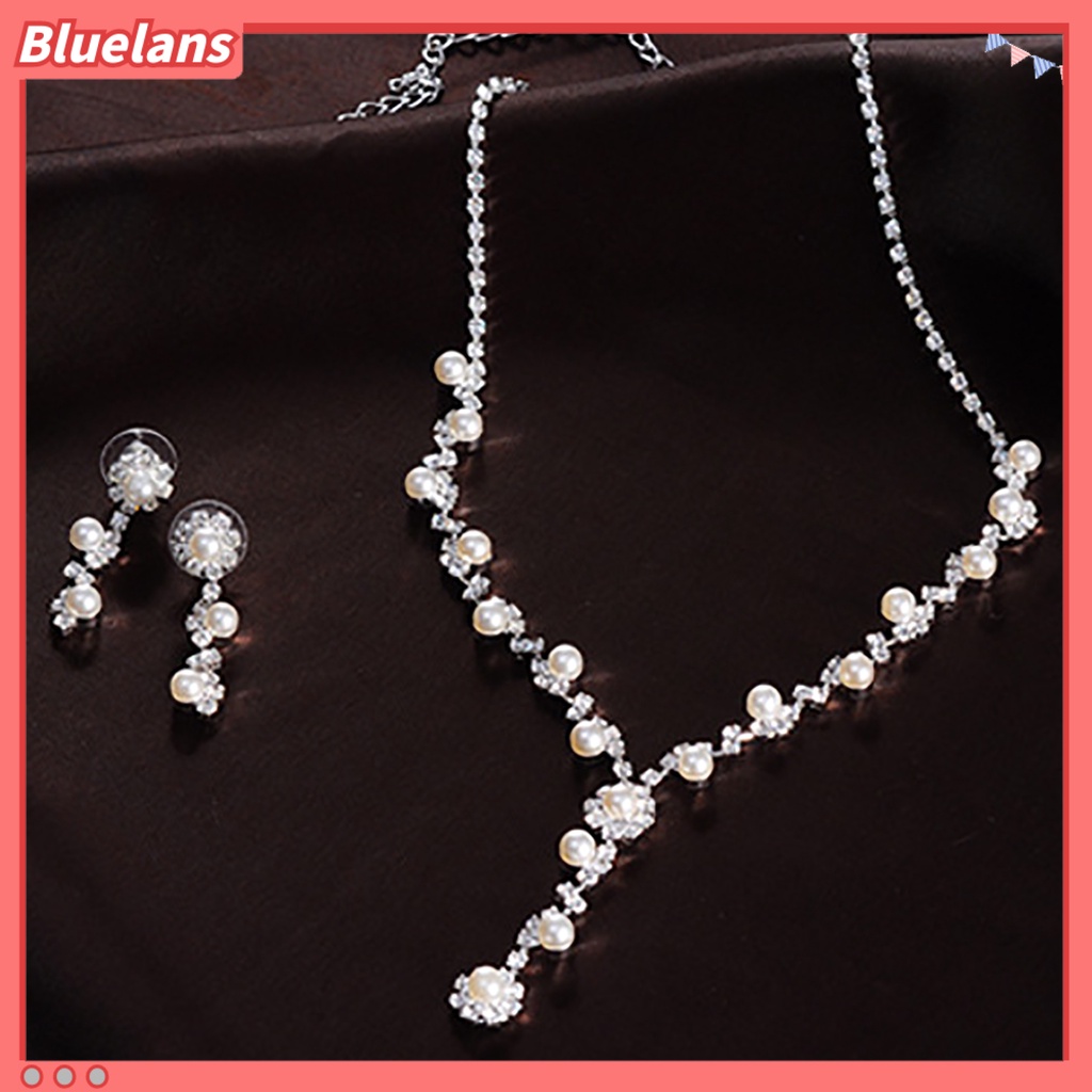 Bluelans 3Pcs Necklace Jewelry Set Faux Pearls Decorations Anniversary Gift Rhinestone Choker Necklace Dangle Earrings Set