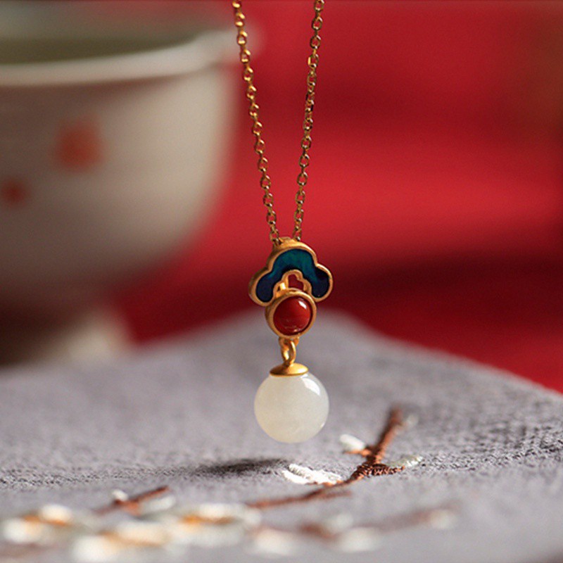 925 Sterling Silver Pin New Antique Gold Plated Natural Hetian Jade Enamel Ear Pendant Clavicle Retro Chinese Style Necklace|Necklaces