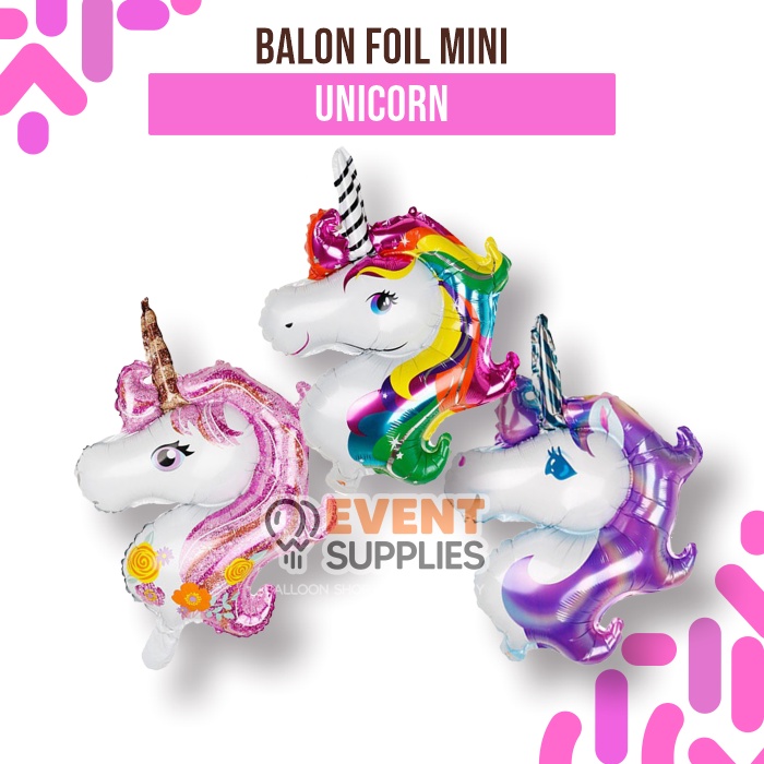 Balon Foil Kepala Unicorn Mini Rainbow/Pink/Ungu Ulang Tahun