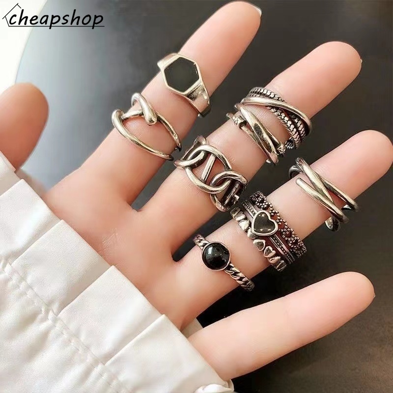 IFYOU 7pcs / set Cincin Rantai Geometris Bentuk Hati Warna Silver Gaya Vintage Untuk Wanita