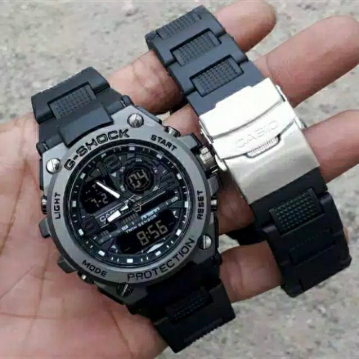 IMPORT PREMIUM JAM TANGAN SPORT GSHOCK 1802 KEPALA BESI RANTAI MIKA FULLBLACK