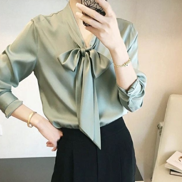 7132 Baju blus blouse blose kemeja warna polos lengan panjang kerah leher pita mint brick gold satin