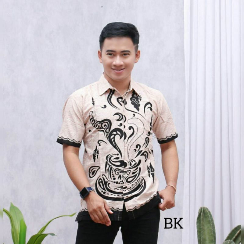 DISKON Batik HRB026 kenongo kemeja hem pendek padi pekalongan M L XL MURAH KEREN bati pria wajik