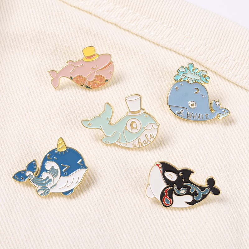 Whale Bros Pin Enamel Desain Kartun Ikan Paus / Bunga / Ombak Laut Untuk Anak Laki-Laki / Perempuan