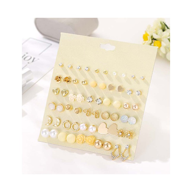 LRC Anting set Fashion Golden Diamond Flower Pearl Love Flower Geometric Earrings Set D76884