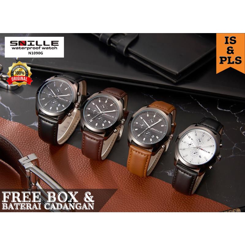 [iS-COD] - JAM TANGAN PRIA MEWAH SNILLE WATERPROOF WATCH N1090G ORIGINAL STRAP KULIT TANGGAL AKTIF /
