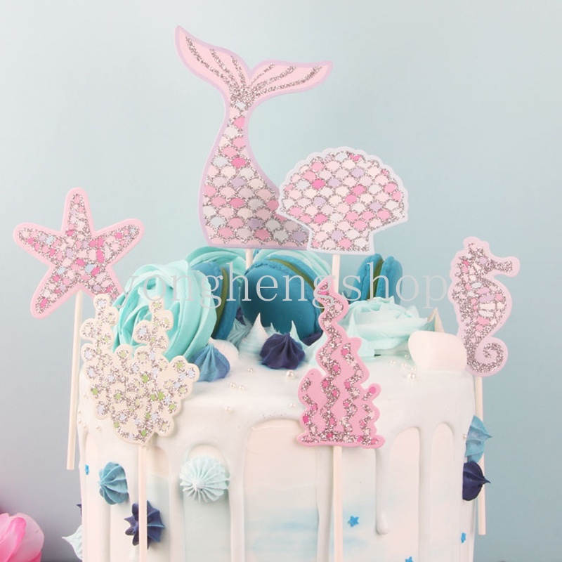 5pcs / set Topper Kue Desain Ekor Mermaid / Bintang Laut Untuk Dekorasi Pesta Ulang Tahun Anak