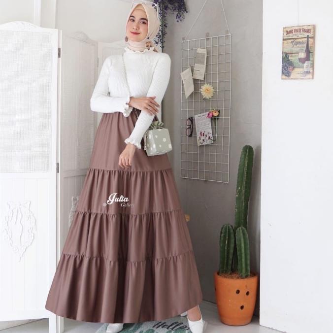 Rok panjang kekinian muslim remaja wanita ruffle skirt tumpuk terbaru