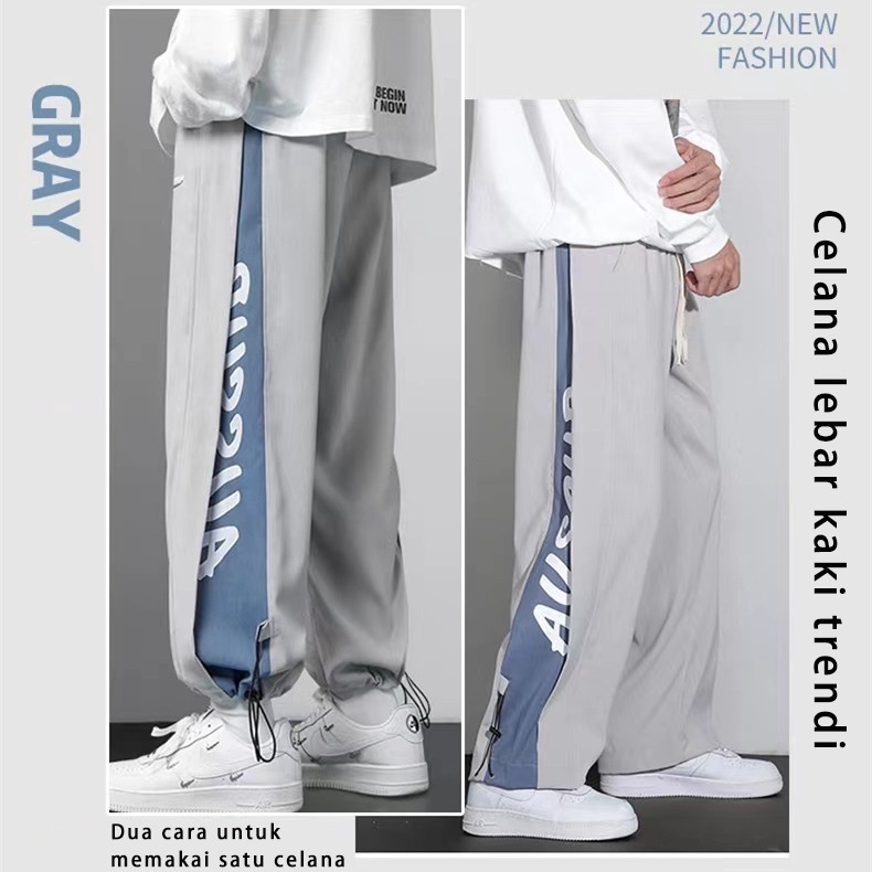 Celana pria biru Korea style kulot pria celana olahraga celana kasual pria elastis celana oversize pria loose pants pria 2023