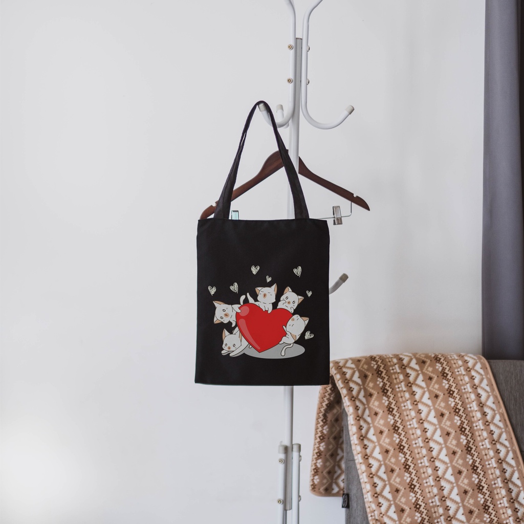 Sevine Totebag Tas Wanita Tote Bag Resleting Cute Cat Black Series Hitam - CSL3