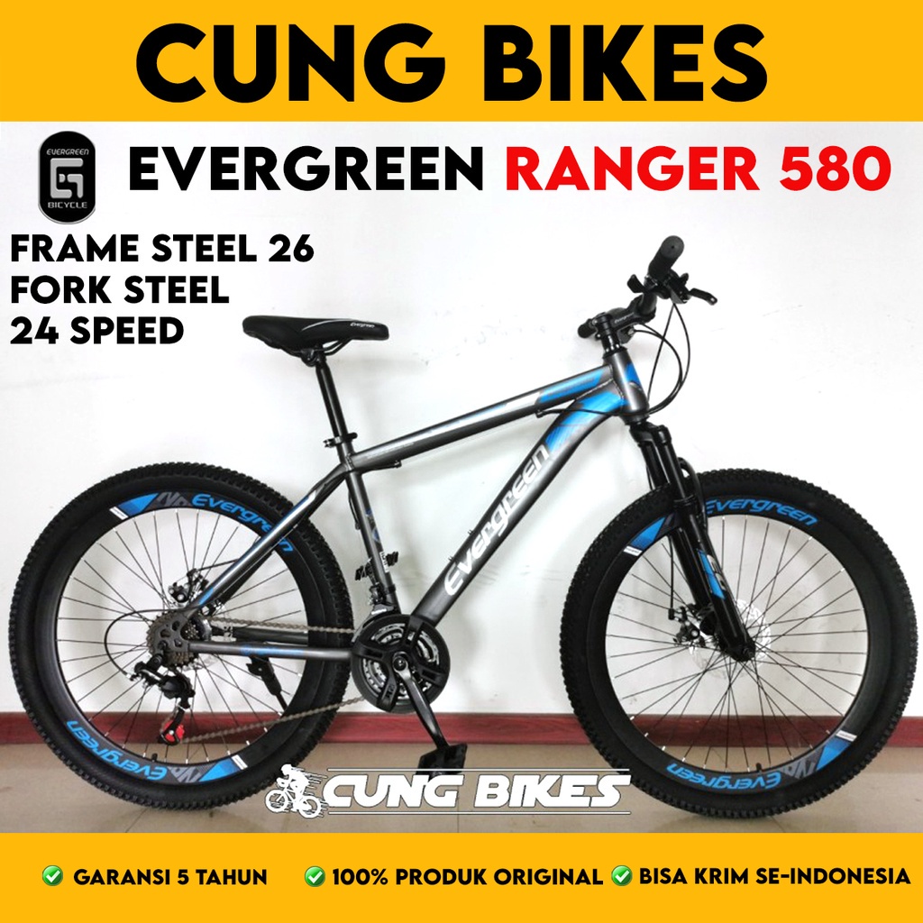 sepeda gunung 26 inch MTB Evergreen Ranger 580 3 x 8 speed mechanical disc brake