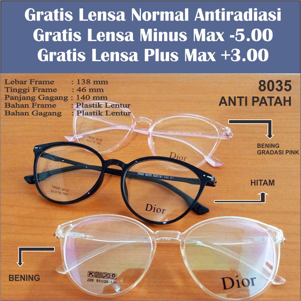 Frame Kacamata Oval Lentur Anti Patah TR90 8035 Free Lensa Antiradiasi Terlariss