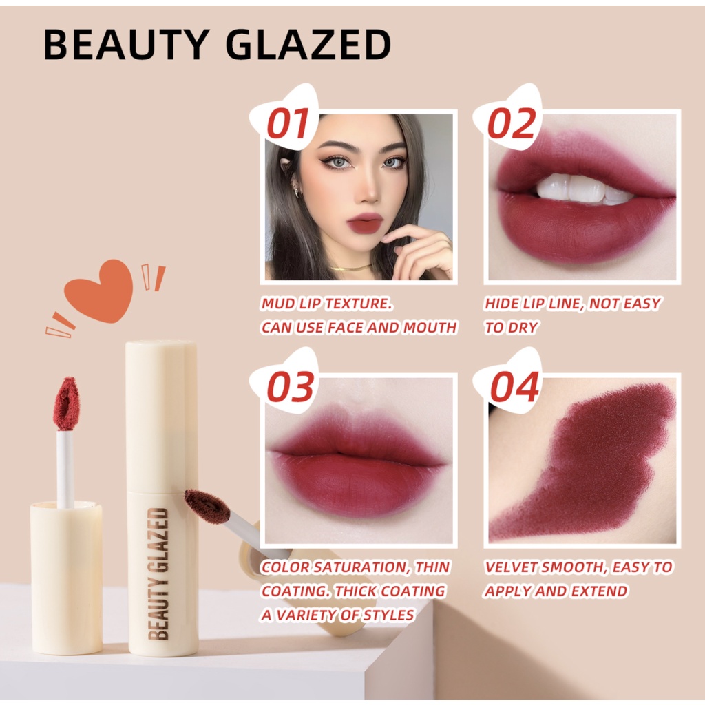 BEAUTY GLAZED Lipstik Coklat Putih White Chocolate New Silky Lip Glaze Lipstick Smooth Liquid Matte Long-lasting BG002