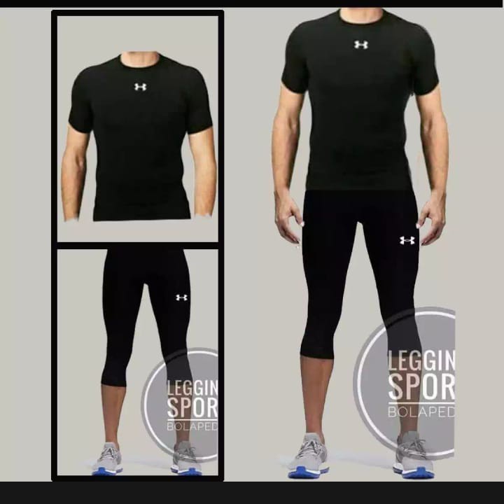 PAKET BAJU MANSET BASELAYER LENGAN PENDEK &amp; CELANA LEGING 3/4 STRECH OLAH RAGA