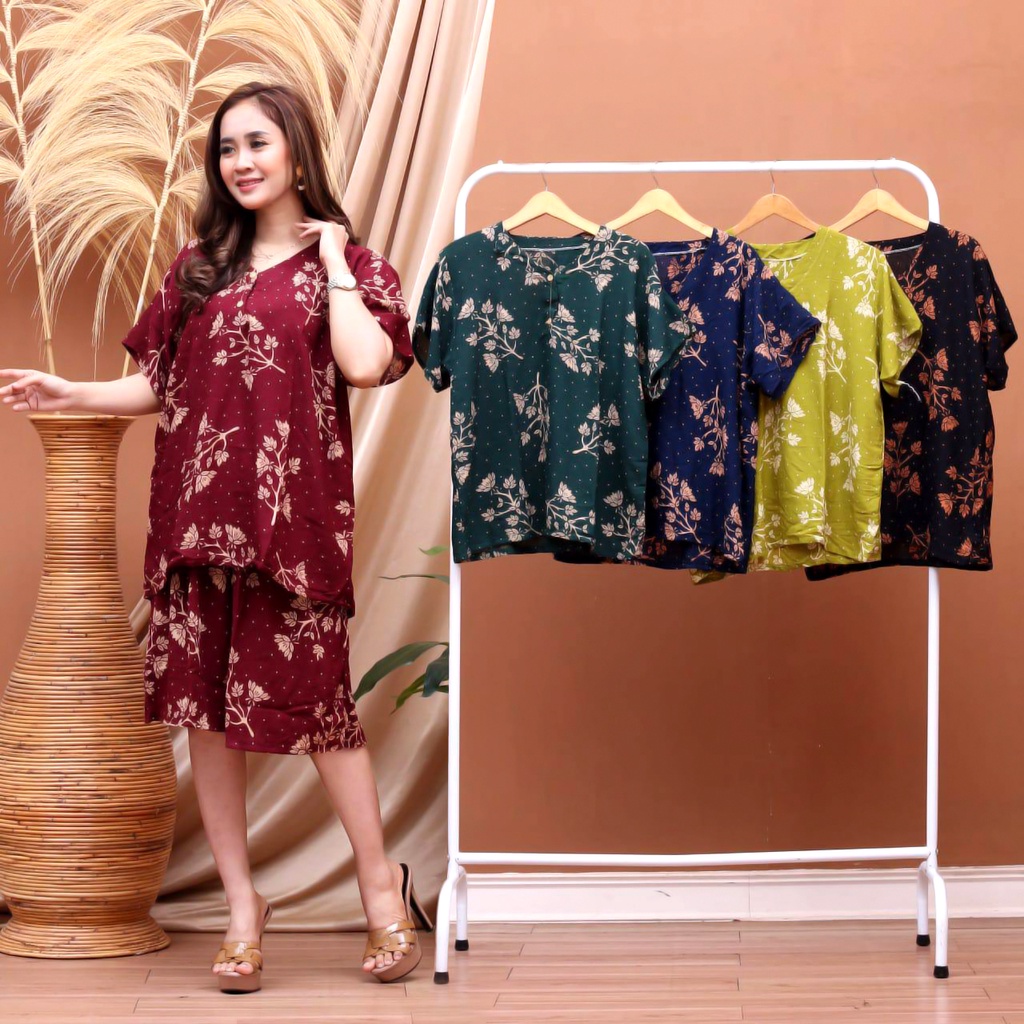 BAJU TIDUR WANITA SETELAN ONESET PIYAMA KULOT SUPER JUMBO KEKINIAN  BUSUI BUMIL ( ROHMAH GELOMBANG OVAL SELEDRI CABUTAN )-KJ SELEDRI CABUTAN